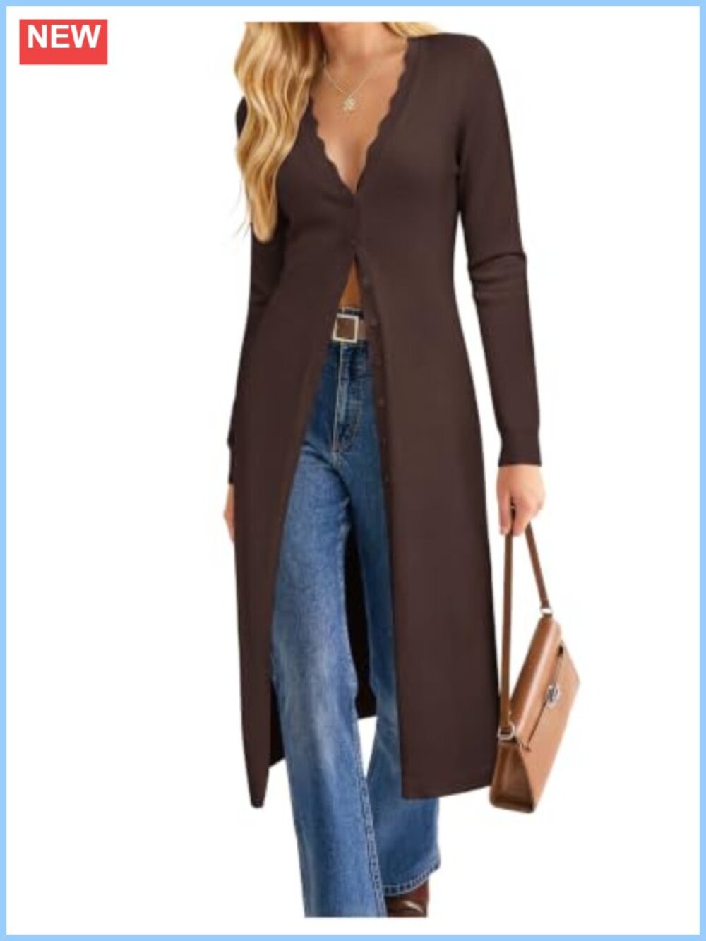 Women Long Knit Cardigan Scalloped Button Up Maxi Sweater Duster